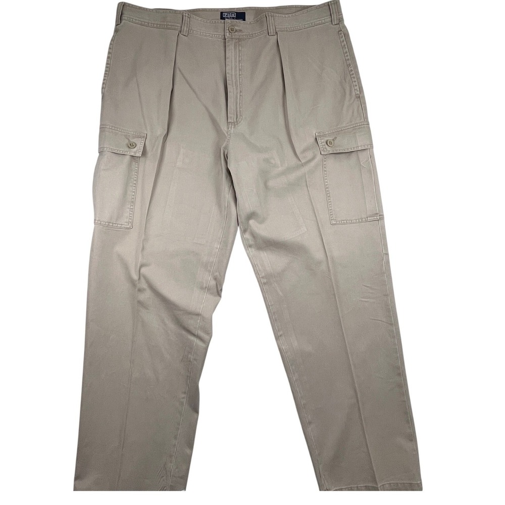 Vintage Polo Ralph Lauren Tarpoon Pant 44x32 Beige Pleated Cargo Y2K 90s Utility